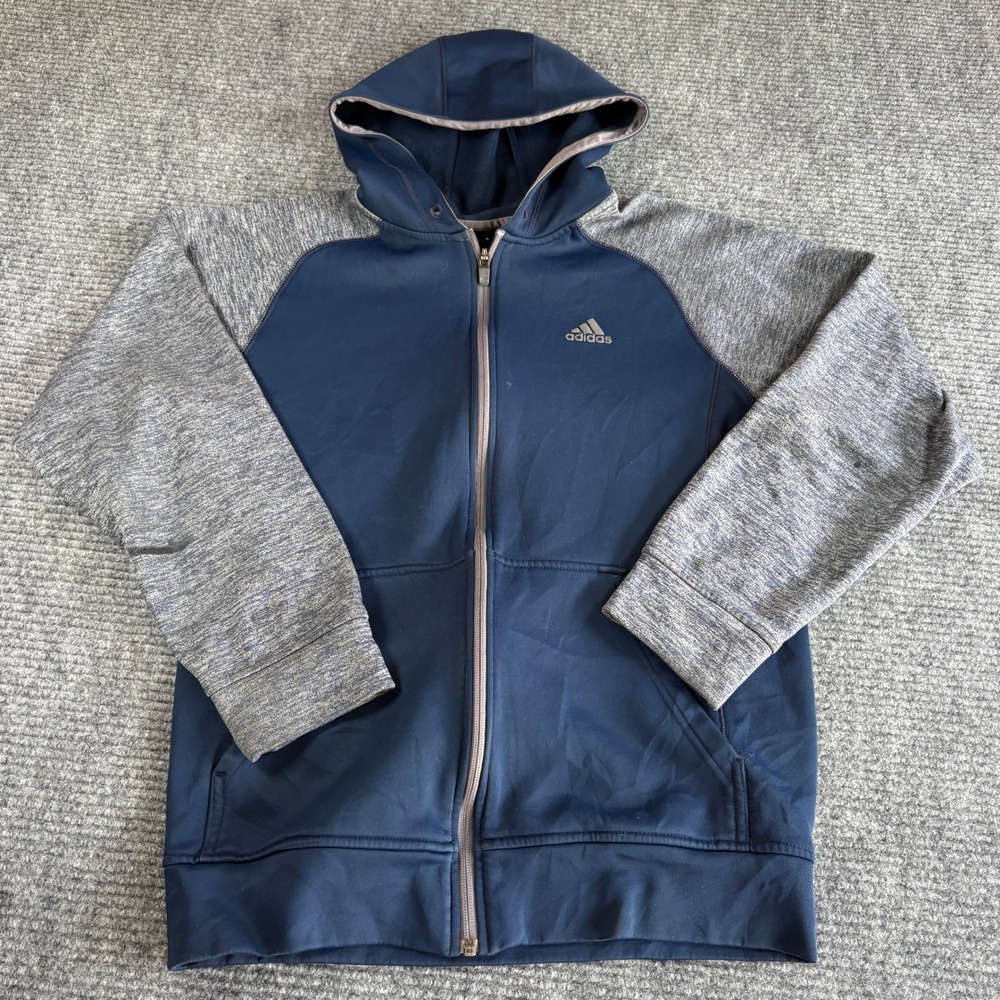 Adidas Climawarm Mens Medium Navy Blue Gray Full Zip Hoodie Fleece Raglan 3663